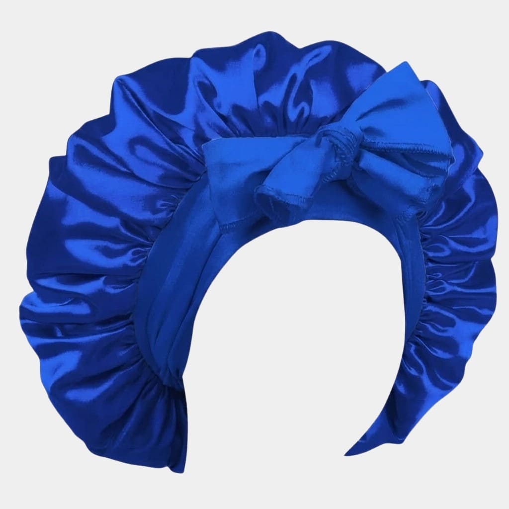 Bonnet de nuit en satin bleu roi avec nœud ajustable