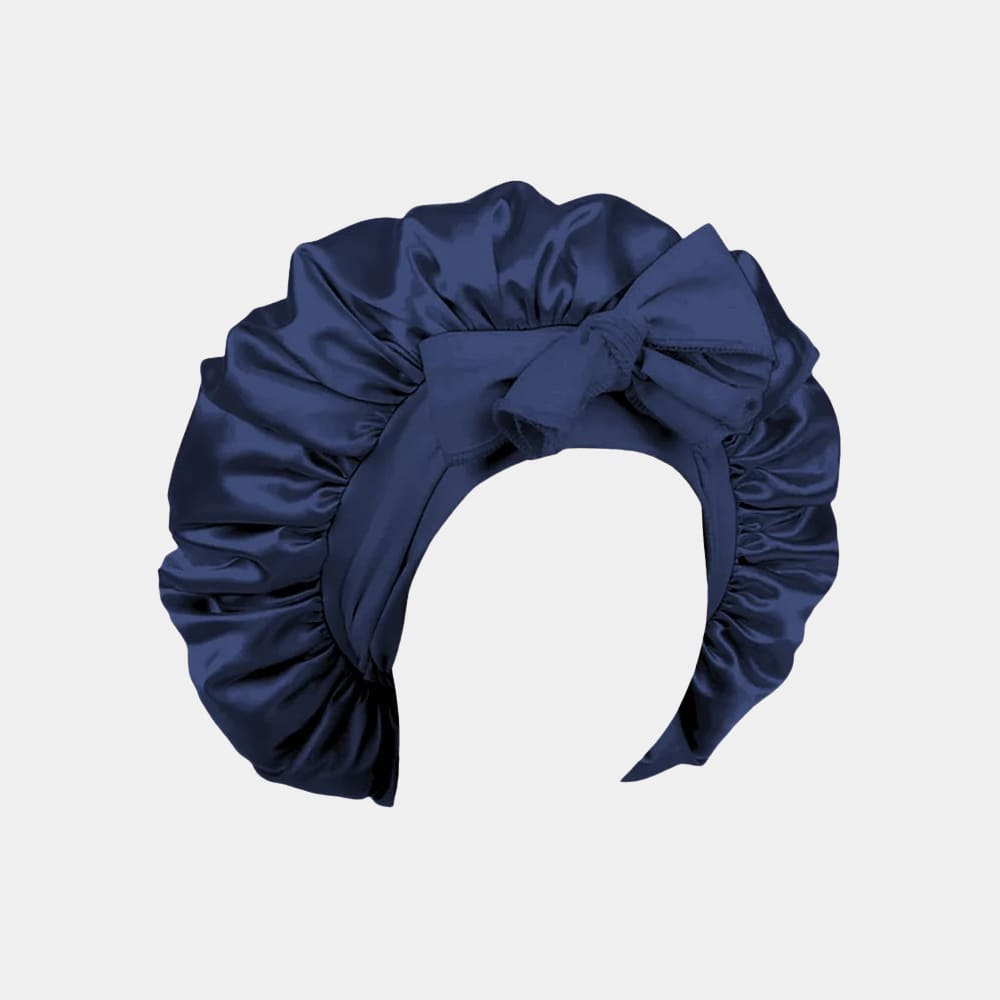 Bonnet de nuit en satin bleu marine avec nœud ajustable