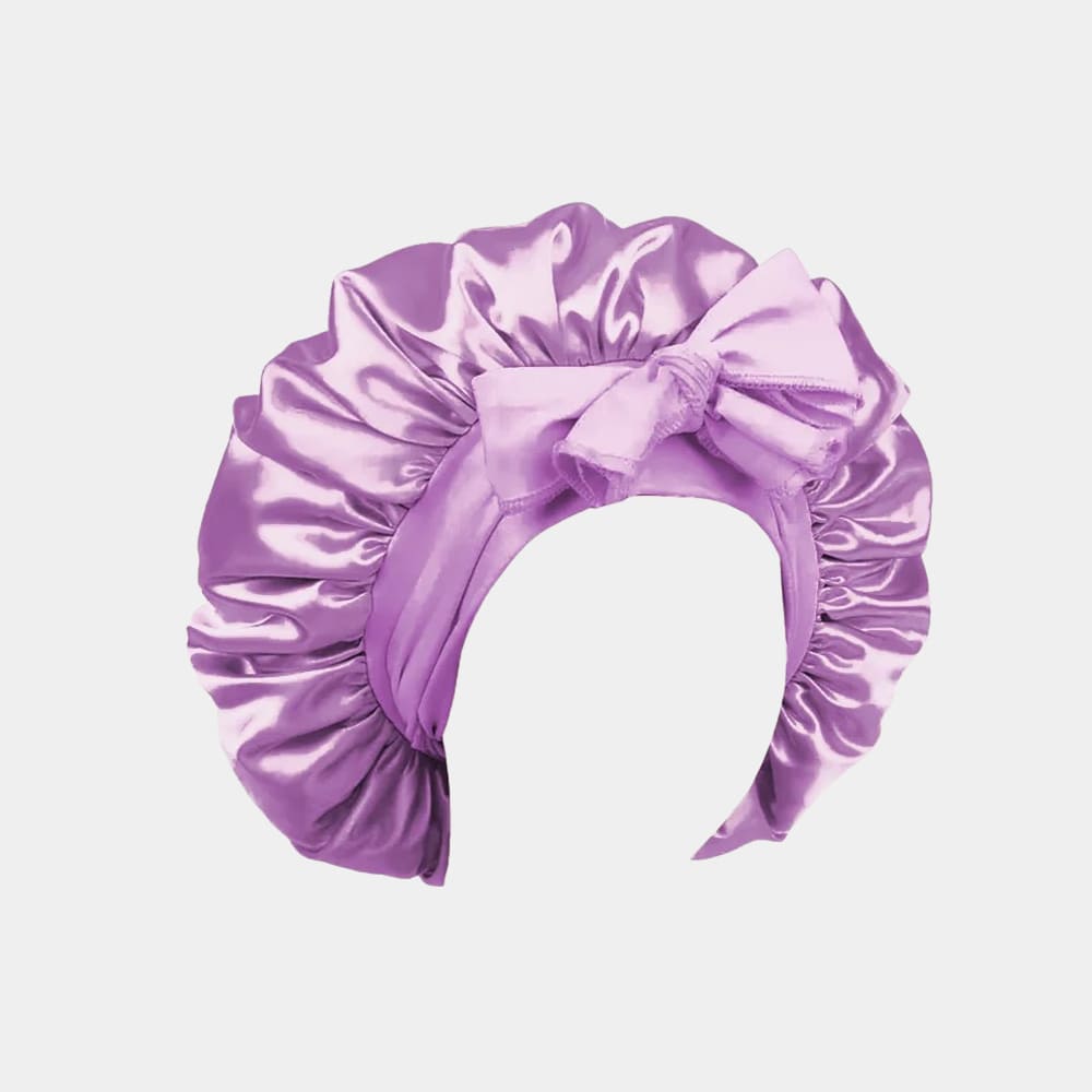 Bonnet de nuit en satin violet clair avec nœud ajustable