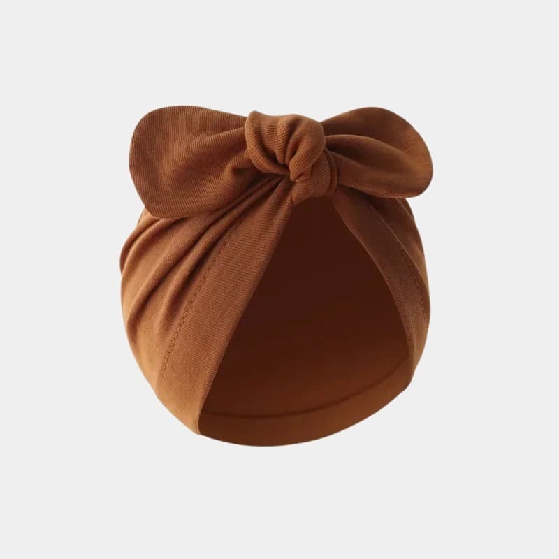 Bonnet turban bébé marron caramel avec nœud