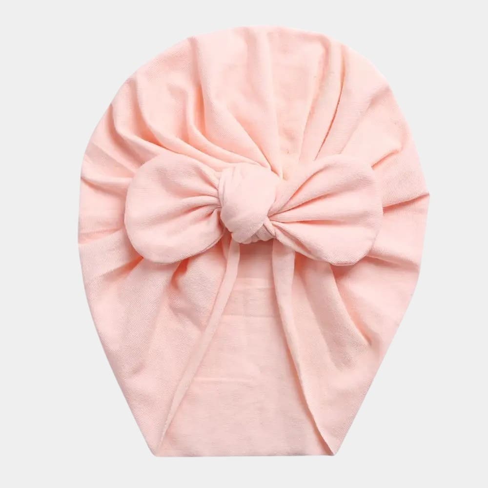 Turban bébé en coton rose pâle avec nœud papillon