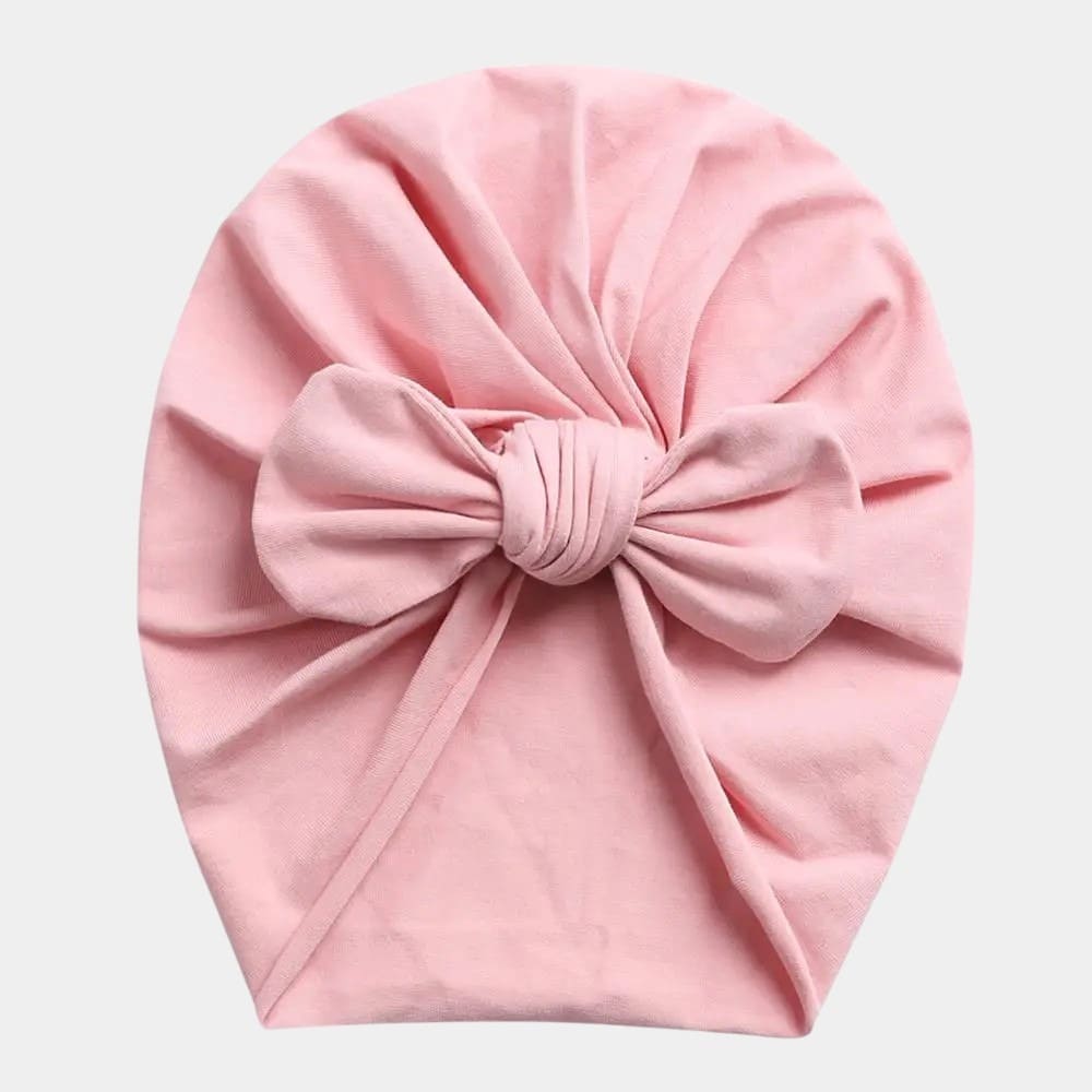 Turban bébé en coton rose thé avec nœud papillon