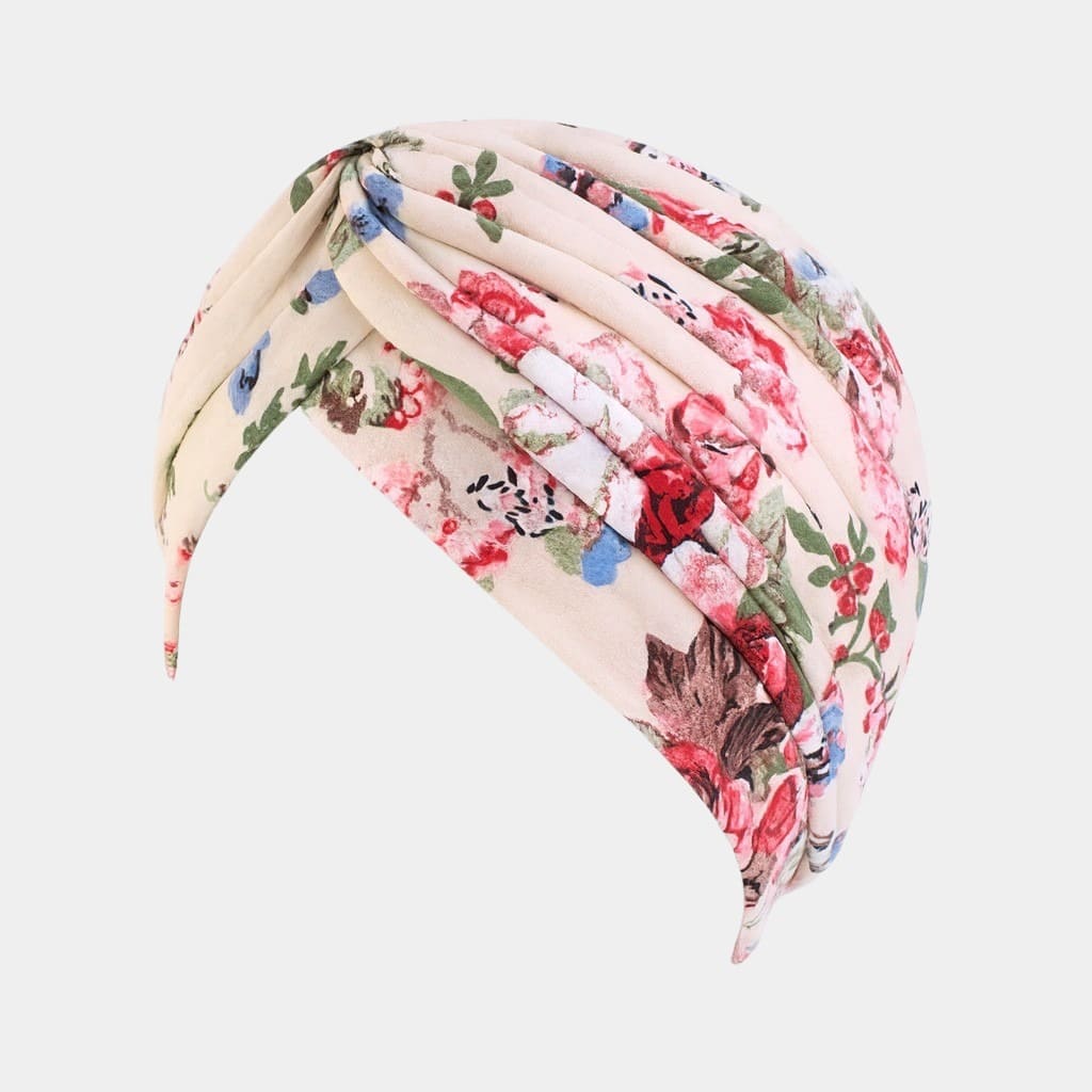 Turban beige à fleurs